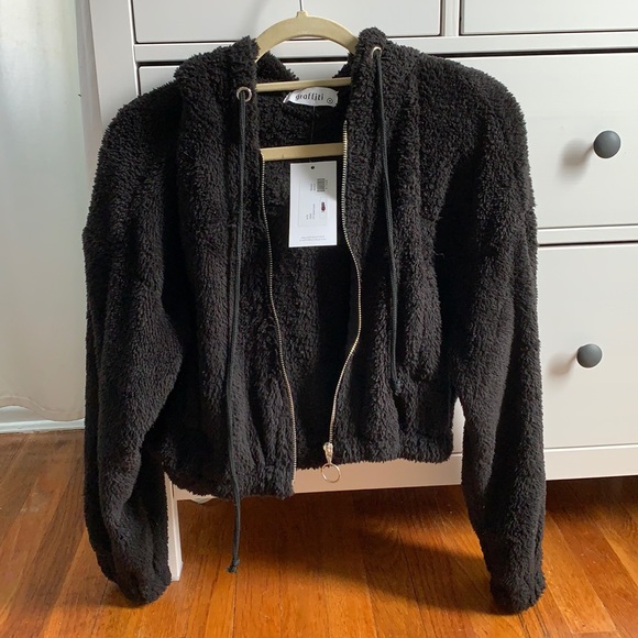 Black fuzzy cropped hoodie - Picture 1 of 2